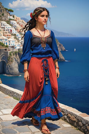 extreme long shot full body shot, by john william waterhouse, pre-raphaelite, a beautiful pre-raphaelite victorian, tall young woman stands smiling walking along the coast at Isola di Lesbo in Grecia. she has long curly jet black hair in braids and buns. she wears an elaborate victorian outfit in royal blue and red colors, long earrings, elaborate necklace, long skirt, embroidered peasant shirt and strappy flat sandals. detailed background of amalfi coast. john william waterhouse, pre-raphaelite, perfect female anatomy.