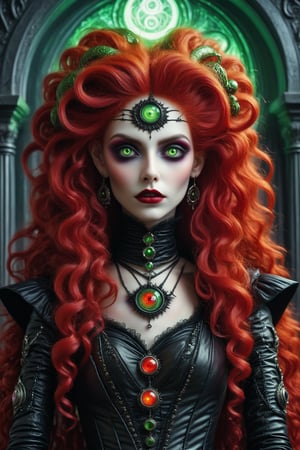 middle shot, cinematic, dynamic, realistic portrait of a dark ancient witch priestess. a fusion of elaborate rococo, futuristic gothic witchy punk. she has long curly vivid red hair and green eyes. a detailed background of a dark ceremonial temple with occult and celestial imagry, perfect female anatomy, goth person, pastel goth, dal, Gaelic Pattern Style, middle shot, cinematic, dynamic