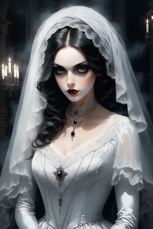 portrait of a sexy beautiful woman dressed in a long elaborate gown, resembling ghostly figure. She is wearing a black veil and a necklace, which adds to her eerie appearance. The woman's face is painted white, further enhancing the ghostly look. the detailed background is of a dark gothic mansion at night. The overall atmosphere of the image is mysterious and haunting.  very_high_resolution,  , designed by Ilya kuvshinov, aw0k nsfwfactory,  aw0k magnstyle,  danknis,    Anime,  IMGFIX