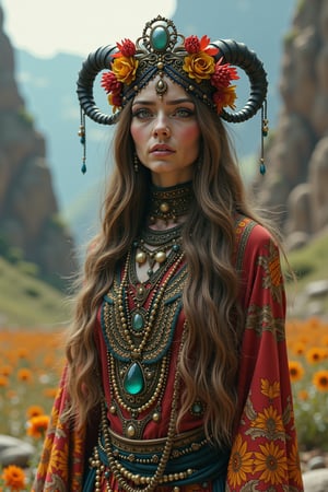 Create an alien female gypsy with an ornate landscape