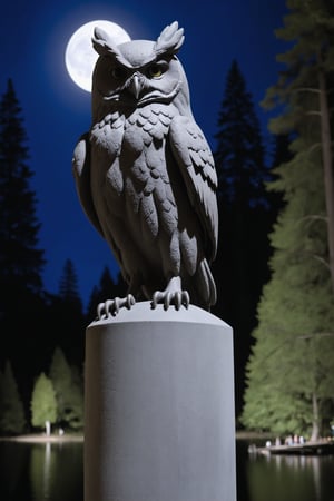 bohemian grove 30-foot (9 m)  owl statue made of concrete stands at the head of the lake in the Grove, night, full moon
