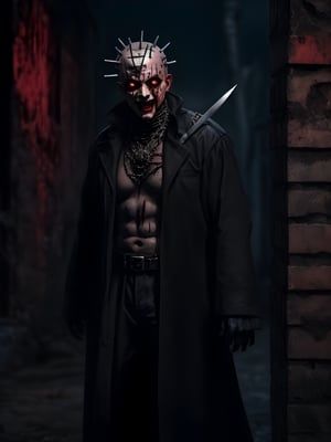 wide shot full body shot, hellraiser detailed horrific male cenobite, glowing red eyes, evil wide grin, body disfigured, sharp objects piercing skin all over, scarred, sliced skin, lacerated, oozing blood, blood dripping on body, flayed skin, crown of sharp knives, open gaping cuts, cenobites, piercings all over, pure terror, scary, evil, in hell, bodies disfigured, chains, open wounds, straps, nails, blood dripping down the walls, bloody rain, strange evil creatures, bloody knives, whips, axes, sickles, torture implements, dismembered bloody body parts, torture, bloody, horror, detailed background hellscape, black candles, by clive barker, lament configuration, cenobites, demons,perfect light,h4l0w3n5l0w5tyl3DonMD4rk