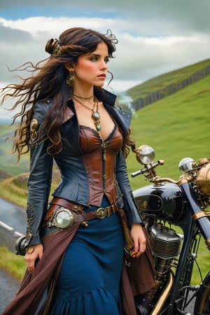 side view, wide view long shot. by john william waterhouse, pre-raphaelite, a beautiful steampunk slim, tall young woman standing next to a steampunk inspired motorcycle next to a winding road in the green hills of ireland. she has curly long jet black hair blowing in the wind. she wears an elaborate steampunk victorian outfit, long steampunk earrings, elaborate syeampunk necklaces, jacket, cloak and boots. john william waterhouse, pre-raphaelite, perfect female anatomy.