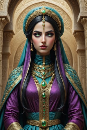 cinematic dynamic 3/4 shot of Queen Mavia, Mawiyya, an Arab queen in southern Syria in the 4th century Arabia. a fusion of elaborate rococo, ancient arab, arab gothic punk. she has black hair in elaborate braids and buns. she has round large big copper green eyes. arabic syrian. she wears an elaborate ancient arabic Abaya Jilbab or Chador Niqab outfit with intricate patterns in colors of purple, blue, gold, red, black. detailed background of an ancient syrian temple ancient syria. perfect female anatomy, goth person, pastel goth, dal, Gaelic Pattern Style, cinematic, dynamic 3/4, Queen Mavia