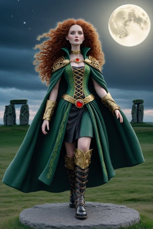 cinematic, dynamic pose 3/4 shot of Cartimandua, queen of the British Celtic Brigantes ad 51. a fusion of elaborate rococo, ancient english, english celtic gothic punk. she has very long copper curly big hair. she has round large big green eyes. light freckles on her face. she wears an elaborate ancient wool celtic dress in colors of ivory, red, gold, black, gold celtic torc neck ring around her neck, wool plaid cape fastened with a large gold celtic brooch. black leather boots. background outside at stonehenge at night full moon, England perfect female anatomy, goth person, pastel goth, dal, Gaelic Pattern Style, cinematic, 3/4 shot dynamic pose. 3/4 shot, Cartimandua