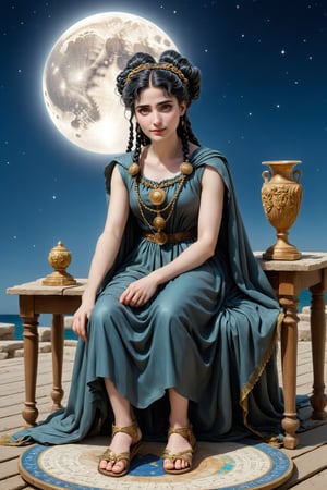 Cinematic scene - long shot of Hypatia of alexandria, mathematician, astronomer, and philosopher in ancient Alexandria in a fusion of rococo, greco-roman and gothic punk. she has jet black hair in elaborate braids and buns.  she has round large big copper eyes, she has a benevolent smile and intelligence emanates from her. she wears a typical "philosopher's cloak" a Ionic chiton or doric chiton, and roman sandals on her feet. she is facing away from the viewer sitting at an ancient wooden table outside under the night sky with a full moon and stars in ancient alexandria egypt. on the table sits a large illustrated astronomical astrological map. also on the table is a small detailed astrolabe used for solving astrological calculations, a model of the solar system. she is an astronomer and teacher. perfect female anatomy, goth person, pastel goth, dal, Gaelic Pattern Style, 