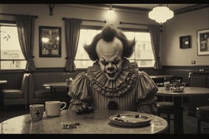 long shot, a realistic, detailed, photograph, b&w black and white sepia photo, of evil Penywise the clown sitting at a table in a 1950's era restaurant diner with a lit cigar in his mouth, smoke from the cigar. a dirty ashtray and coffee cup on the table. the atmosphere is eerie and strange.