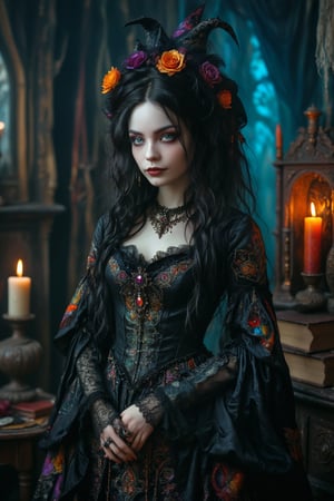 full body shot of 1girl, a beautiful rococo gothic witch. she has soft wavy jet black streaked long hair, big round beautiful warm happy eyes. dark gothic make-up. smooth perfect skin, beautiful full lips. she has a warm, welcoming smile. she is resplendent in a beautiful elaborate gothic witch dress of silk adorned with intricate embroidery rich colors and luxurious fabrics. the detailed background is of her rococo witches lair of ancient leather books, spellbooks, fancy crystal bottles filled with colorful liquid potions, candles, magical items. she is a benevolent and loving witch.,real_booster
