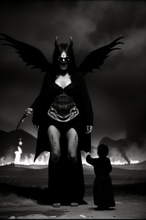 long shot, full body shot, a realistic, detailed, photograph, b&w black and white photo, showing a large giant demon, horrific, scary demon, entity about 20 feet tall, demon wings, long hands, long fingers, with sharp claws. the demon's arms are outstretched, flying above a group of small peasant children about 3 feet tall, they are terrified, scared, horrified. the demon is evil, scary and meanacing. the demon wants to catch and torment the children. the atmosphere is eerie, horrific, fearful, scary, the demon is setting fire to the children