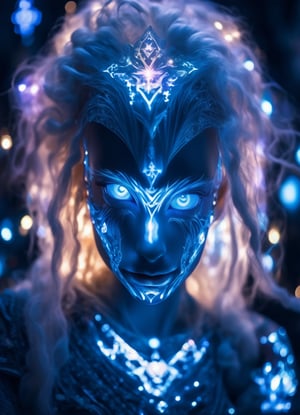 close up portrait (sacred night and elf puppet),(ultra-fine HDR), extremely delicate and beautiful girl, hands not in portrait, glowing intricate human detailed eyes, glowing tattoos on face, glowing floating translucent irridescent orb, big long white hair, 
