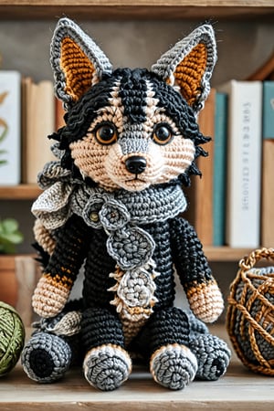 a beautiful canine wolf, gray and black colors, wolf ears, sitting on a book shelf, detailed textures, ultra sharp, crocheted