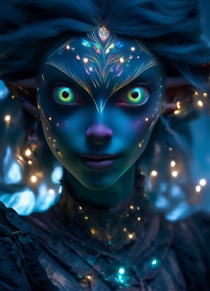 portrait dynamic pose, (sacred night and elf puppet),(ultra-fine HDR), extremely delicate and beautiful girl with traslucent opalescent skin, closed mouth, glowing intricate round human detailed eyes, glowing tattoos on face, 