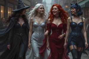 a beautiful young female witch with long curly black hair, pointy witch cap, witch outfit, beautiful young ghostly woman with white hair, the whitest pale skin, white dress, beautiful female vampire with vivid big long red hair, big red lips wearing a red victorian inspired velvet corsett dress, and beautiful cat woman, with cat ears and short blunt cut blue hair with bangs wearing a skin tight dark blue leather body suit are walking together down a street during halloween smiling, laughing and talking with each other. perfect anatomy, perfect hands, perfect faces.