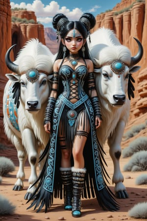 full body shot, long shot, a beautiful stunning lakota native american indian woman, standing next to some ancient indian cliff dwellings in the american southwest. she stands next to a sacred white buffalo baby. her beautiful outfit is a fusion of elaborate native american rococo, high fashion gothic outfit in luxurious fabrics, feathers, fur trim, rich colors. black. leather moccasins on her feet. she has large, round eyes. jet black hair in elaborate braids and buns with fringe and bangs. perfect female anatomy, goth person, pastel goth, dal, Gaelic Pattern Style,