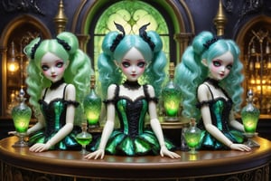 full body shot, long shot of several beautiful stunning miniature magical fairy women sit next to fancy decorative glass bottles of vivid green absinthe and glasses of green absinthe laid out on the bar table in an elaborate french absinthe bar at night. stained glass lamps glow, the fairies are about 20 inches tall, have mischevious smiles. gossamer glittery irradescent fairy wings, their fairy outfits are a fusion of elaborate rococo, high fashion gothic, brocade rich fabrics, rich colors. they have large, round eyes. long pastel curly hair in twin tails, buns, braids fringe and bangs. perfect female anatomy, goth person, pastel goth, dal, Gaelic Pattern Style,
