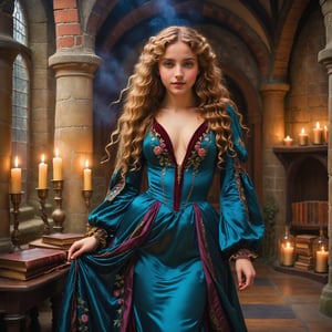 full body portrait, side view, extreme long shot of a beautiful pre-raphaelite woman smiling, walking in her witch lair in her castle she has blonde curly long hair and she wears an elaborate floor-length pre-raphaelite silk and velvet embroidered victorian gown. the detailed background shows a witch lair with ancient leather books, bottles of colored potions, magical items, lit candles. her hands are down at her sides. john william waterhouse, pre-raphaelite, perfect female anatomy. hands down at her sides.