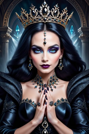digital art, portrait of The Queen of Black Diamondl, 8k, black diamond colored hair, black diamond eyes, beautiful, highly detailed, whimsical, fantasy, perfect hands, manicured nails, 