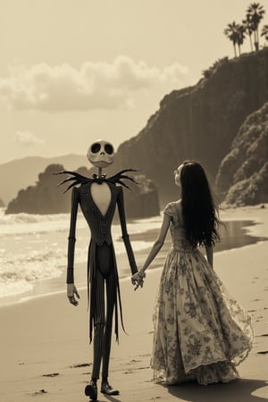 long shot, a realistic, detailed, photograph, b&w black and white sepia photo, showing a beautiful southern california deserted beach. the animated character Jack Skellington from nightmare before christmas and his girlfriend dorothy gale, are holding hands walking on the beach. the atmosphere is eerie and strange.