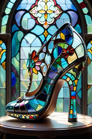 digital art, 8k, picture of a high heel woman's shoe, the shoe is inspired by arts and crafts stained glass, chunky heel, shoe made of glass, whimsical, side view of shoe beautiful, highly detailed, whimsical, fantasy, ,more detail XL