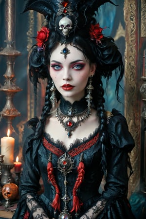 medium long shot of 1girl,Envision a beautiful rococo gothic witch. long big jet black hair with red streaks in elaborate braids and buns, big round beautiful eyes. dark gothic make-up. smooth perfect skin, beautiful full lips. she has a warm, welcoming smile. she is resplendent in a beautiful high fashion witch dress adorned with intricate gothic embroidery with rich colors and luxurious fabrics. she wears a conical, pointy-tipped witch hat adorned with intricate gothic embroidery rich colors and luxurious fabrics. she wears elaborate gothic high fashion necklace and long earrings. the detailed background is of her rococo witches lair of ancient leather books, spellbooks, potions, candles, crystal ball, skull. she is powerful and benevolent, a healer of the highest order. 