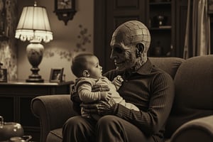 long shot realistic, detailed, photograph, b&w black and white sepia photo of Freddy Krueger holding a little baby on his lap while sitting on a couch in a living room. freddy krueger is looking at the baby with pride. the atmosphere is eerie and strange.