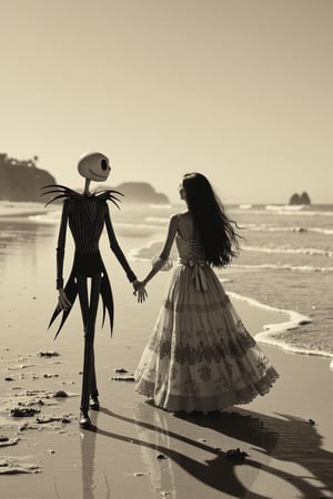 long shot, a realistic, detailed, photograph, b&w black and white sepia photo, showing a beautiful southern california deserted beach. the animated character Jack Skellington from nightmare before christmas and his girlfriend dorothy gale from the wizard of oz, are holding hands walking on the beach. the atmosphere is eerie and strange.