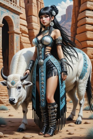 full body shot, side view a beautiful stunning native american indian woman, standing next to some ancient indian ruins, cliff dwellings. she stands next to a baby white buffalo. her beautiful outfit is a fusion of elaborate native american rococo, high fashion gothic outfit in luxurious fabrics, rich colors. black. leather moccasins. she has large, round eyes. jet black hair in elaborate braids and buns with fringe and bangs. perfect female anatomy, goth person, pastel goth, dal, Gaelic Pattern Style,