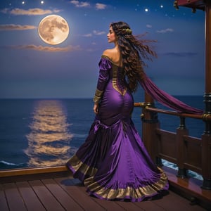 full body portrait, rear view, extreme long shot inspired by john william waterhouse, pre-raphaelite, a beautiful tall pre-raphaelite woman is smiling closed mouth with long curly jet black hair and a dark purple elaborate pre-raphaelite gown is standing on the deck of a wooded ship overlooking the ocean at night. hair blowing in the wind. the detailed background is of the ocean at night, there is a full moon high in the sky. john william waterhouse, pre-raphaelite