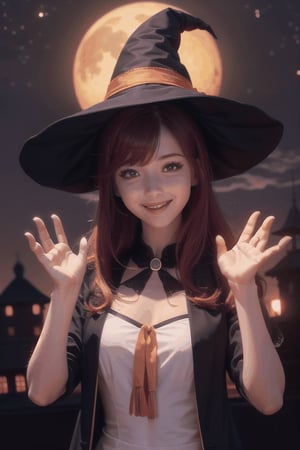 (masterpiece), halloween, night, full moon, starry sky background, 1girl, witch hat, red hair, medium hair, smile, hands raised with fire on palms,