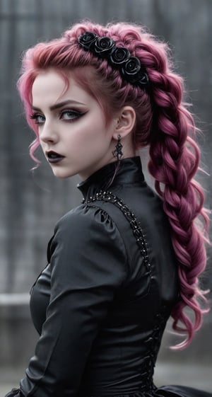 Highy detailed image, cinematic shot, (bright and intense:1.2), wide shot, perfect centralization, side view, dynamic pose, crisp, defined, HQ, detailed, HD, dynamic light & pose, motion, moody, intricate, 1girl, pink curly hair in elaborate braids and pony tails, (((goth))) light pink eyes, black roses in hair, attractive, clear facial expression, perfect hands, emotional, hyperrealistic inspired by necronomicon art, fantasy horror art, photorealistic dark concept art
,goth person