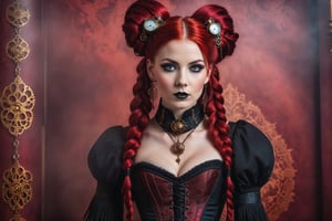 portrait of a beautiful young steampunk woman. dark gothic make-up, elaborate steampunk victorian brocade corset, outfit, elaborate steampunk long earrings and necklace. vivid red hair in elaborate braids and buns, fringe, bangs, background of detailed elaborate steampunk-inspired wallpaper