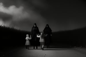 long shot, full body shot, a realistic, detailed, photograph, b&w black and white photo, showing a large giant female fire demon, horrific, scary demon, entity about 20 feet tall, long hands, long fingers, with sharp claws. the demons arms are outstretched, she is clutching children in her large clawed hands. she is running after a group of small peasant children about 3 feet tall, they are terrified, scared, horrified. the demon is evil, scary and meanacing. the demon wants to catch and torment the children. the atmosphere is eerie, horrific, fearful, scary,