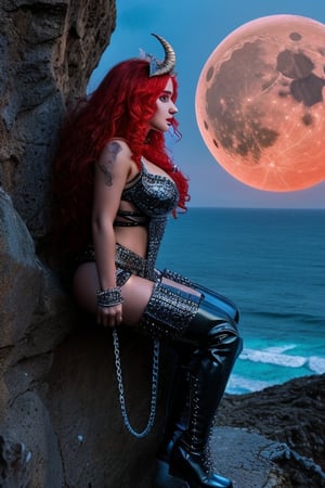 full body shot side view, a stunning beautiful young queen of gargoyles, detailed gargoyle wings, big horns, thick voluminous long curly vivid red hair, red glowing eyes, normal breasts, sitting on the ledge of a very tall cliff on a deserted island above the stormy seas below. she is looking at the vast deserted ocean guarding the castle. she is wearing an elaborate leather outfit with buckles, straps and metal chains. she has combat boots on her feet. it's midnight, the sky is dark there is a glowing full moon in the sky and stars. 
,Detailedface,blue skin,color paint,AGGA_ST046,SD 1.5