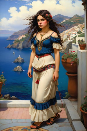 extreme long shot full body shot, by john william waterhouse, pre-raphaelite, a beautiful pre-raphaelite victorian, tall young woman stands looking at the amalfi coast italy. she has long black curly hair. she wears an elaborate victorian outfit, long earrings, elaborate necklace, long skirt, embroidered peasant shirt and strappy flat sandals. detailed background of amalfi coast. john william waterhouse, pre-raphaelite, perfect female anatomy.