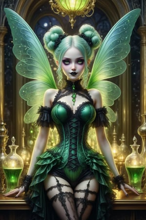 full body shot, a beautiful stunning magical fairy woman stands at a french absinthe bar at night. fancy decorative glass bottles of vivid green absinthe and glasses of green absinthe surround her. she has a mischevious smile. she has gossamer glittery irradescent fairy wings, her beautiful fairy outfit is a fusion of elaborate rococo, high fashion gothic, brocade rich fabrics, rich colors. she has large, round eyes. her pastel hair is in elaborate braids and buns, fringe and bangs. perfect female anatomy, goth person, pastel goth, dal, Gaelic Pattern Style,
