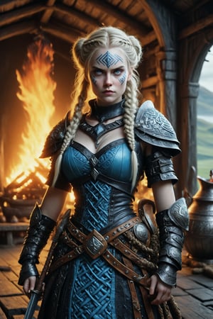 waist shot, dynamic, cinematic of Freydís Eiríksdóttir, Icelandic female warrior and explorer. a fusion of elaborate rococo, ancient iceland, icelandic viking gothic punk. she has very light blond hair in elaborate braids and buns. she has round large big blue eyes. she has ancient viking warpaint on her face, she wears an elaborate ancient viking outfit, she stands in a viking longhouse, blazing fire in fireplace, table, grogg pitcher and cup, perfect female anatomy, goth person, pastel goth, dal, Gaelic Pattern Style, waist shot, cinematic, dynamic