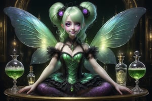full body shot, extreme long shot of a beautiful stunning miniature magical fairy lady sitting in an elaborate crystal wine glass with absinthe next to fancy alcohol bottles of vivid green absinthe and glasses of green absinthe laid out on the bar table in an elaborate french absinthe bar at night. the fairy is smaller than the bottles of absinthe. she has a mischevious smile. gossamer glittery opalescent fairy wings, her fairy outfit is a fusion of elaborate rococo, high fashion gothic, brocade rich fabrics, rich colors. she has large, round eyes. long pastel colorful hair in twin tails, buns, braids fringe and bangs. perfect female anatomy, goth person, pastel goth, dal, Gaelic Pattern Style,