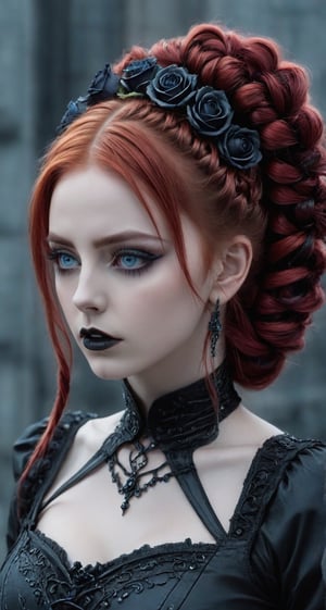 Highy detailed image, cinematic shot, (bright and intense:1.2), wide shot, perfect centralization, side view, dynamic pose, crisp, defined, HQ, detailed, HD, dynamic light & pose, motion, moody, intricate, 1girl, vivid red hair in elaborate braids and buns, (((goth))) light blue eyes, black roses in hair, attractive, clear facial expression, perfect hands, emotional, hyperrealistic inspired by necronomicon art, fantasy horror art, photorealistic dark concept art
,goth person