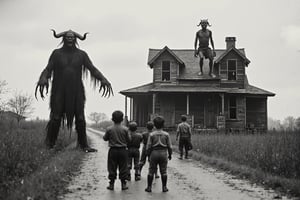 full body shot, a realistic b&w black and white photo from the depression era, united states, 1929 to 1939, showing an old run down dilapidated farmhouse, two large demonic being, entities about 9 feet tall, long hands, long fingers, with sharp claws, one standing on the road next to the house the other sitting on the roof of the house, both entities are evil, scary and meanacing. a group of young children, about 3-4 feet tall, in dirty messy clothes, backs to viewer, are standing in front of the demon, waiting for instructions. cloudy day, dark sky, 