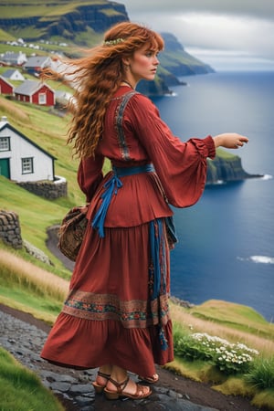 extreme long shot, full body shot, side view by john william waterhouse, pre-raphaelite, a beautiful pre-raphaelite victorian, tall young woman stands in Gásadalur Village, Faroe Islands. she has long strawberry red curly hair with fringe, bangs. she wears an elaborate victorian boho outfit, long sleeve peasant shirt, long skirt, flat sandals. she wears long dangle boho earrings detailed background of Gásadalur Village, Faroe Islands and coast. john william waterhouse, pre-raphaelite, perfect female anatomy.