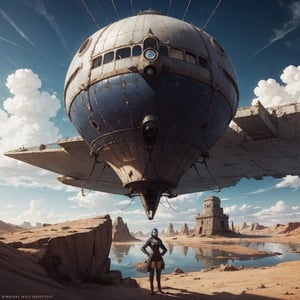 alien desert surface, landscape, geometrical ruins, strange ancient sculptures, stormy sky, black clouds, a steampunk female explorer/pilot has landed her small airship on an alien desert planet. she is standing next to her airship and is surveying the landscape and structures. she is close to the camera. detailed background of a vast desert with ancient structures, small water holes with blue water, slow moving storm and black clouds forming, bright sky and shafts of light through the clouds, very blue sky above, there are small floating structures in the sky, 