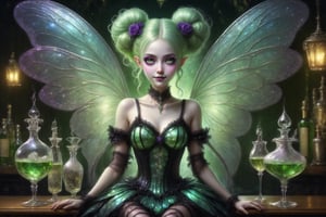 full body shot, extreme long shot of a beautiful stunning miniature magical fairy lady sitting in an elaborate crystal wine glass with absinthe next to fancy alcohol bottles of vivid green absinthe and glasses of green absinthe laid out on the bar table in an elaborate french absinthe bar at night. the fairy is smaller than the bottles of absinthe. she has a mischevious smile. gossamer glittery opalescent fairy wings, her fairy outfit is a fusion of elaborate rococo, high fashion gothic, brocade rich fabrics, rich colors. she has large, round eyes. long pastel colorful hair in twin tails, buns, braids fringe and bangs. perfect female anatomy, goth person, pastel goth, dal, Gaelic Pattern Style, full body shot, extreme long shot 