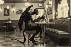 long shot, full body shot, side view. a realistic, detailed, photograph, b&w black and white sepia photo, showing a demon, horrific, scary demon, demon wings, long hands, long fingers, with sharp claws, demon wings. the demon is sitting at a table in a 1950's american diner drinking coffee and reading the newspaper. the atmosphere is eerie and strange.