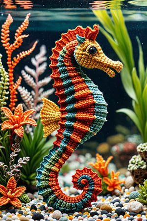 a colorful seahorse floating in a decorated fish tank with aquatic plants, small fish, colored gravel, detailed textures, ultra sharp, crocheted