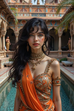 long shot, full body shot, realistic photgraphic image of young stunningly gorgeous and beautiful exotic asian indian woman in Ancient India. she has a sweet sensual closed mouth smile, she has shiny soft black big curly shoulder-length hair and bangs. stunning big green realistic eyes, rich colorful make-up and kohl on her eyes, she wears an ancient indian dress in silk, cotton and linen fabrics, which is richly and elaborately decorated, with embroidery and rich jewels, gold jewelry and ornaments, flat  sandals on her feet. her outfit and posture displays her wealth, behind her is the detailed realistic background of an Ancient Indian temple courtyard with richly colored symmetrical Indian art, mythology and spiritual scenes decorating the walls, ancient hindu statues, small mosaic marble decorative pool with deep blue water blue, marble benches, palm, coconut, mango trees