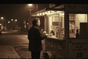 realistic, detailed, photograph, b&w black and white sepia photo of michael myers buying ice cream from an ice cream truck at night. the atmosphere is eerie and strange.