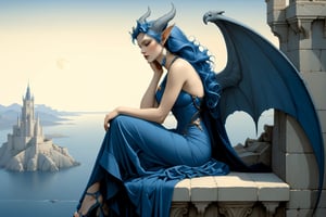 extreme long shot, side view, michael parkes style, a stunning beautiful young queen of gargoyles with gargoyle wings, horns, thick voluminous long blue hair hands to her sides is sitting on the ledge of a very tall castle on a cliff above the ocean below on a rocky deserted coastline in the distance. she is wearing an elaborate long blue gown. she is sitting next to a detailed realistic gargoyle. its night time with a full moon. dark sky & stars are in the sky.  michael parkes, zoom out.,1girl,Masterpiece,SD 1.5,realistic,fashion_girl,more detail XL,extremely detailed