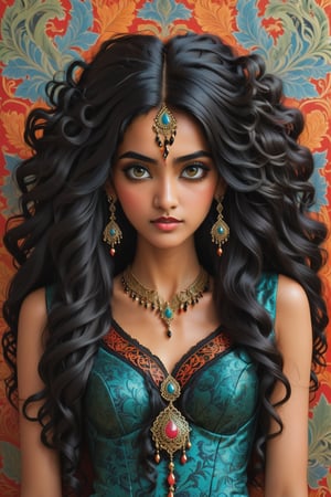 combine all of the below to make a beautiful exotic Indian woman, jet black long curly hair wearing an elaborate indian-inspired necklace, jewelry, long dangle earrings, corset, hayv kahraman style, background of vivid colorful intricate william morris wallpaper