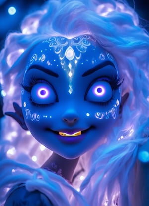 close up portrait (sacred night and elf puppet),(ultra-fine HDR), extremely delicate and beautiful girl with white traslucent opalescent skin, closed mouth, glowing intricate round human detailed eyes, glowing tattoos on face, glowing floating translucent orbs, vivid purple hair floating breezy