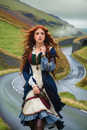 wide view long shot, full body shot by john william waterhouse, pre-raphaelite, a beautiful steampunk slim, tall young woman standing next to a winding road in the green hills of ireland. she has curly long loose red hair blowing in the wind. she wears an elaborate steampunk victorian outfit in colors of navy, white and black. john william waterhouse, pre-raphaelite, perfect female anatomy.